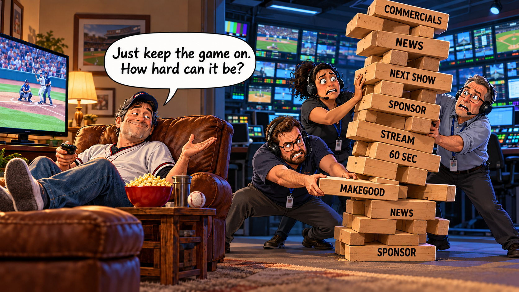An armchair baseball fan asks to keep the game on while broadcast staff struggle to balance a tower of programming and commercial blocks.