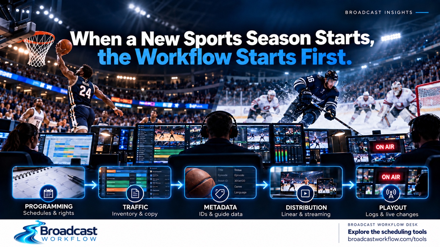 Basketball and hockey broadcasts above a control room, with programming, traffic, metadata, distribution, and playout connected below.